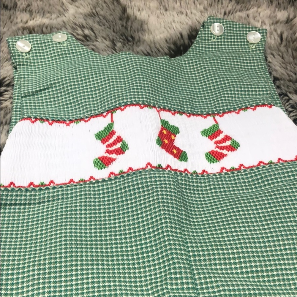 Christmas stocking/green smocked baby longall